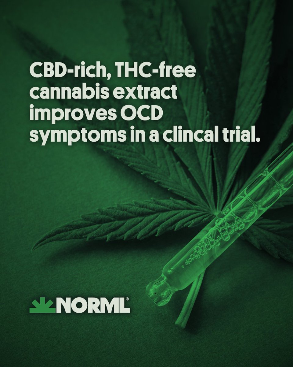 NORML's tweet photo. 🌿 OCD symptom scores declined significantly over the course of an eight-week clinical trial.

Participants in the treatment group received 25 mg of CBD daily in addition to their prescribed medications.

🔗 Link to full story in first comment. https://t.co/EoV1gwzrdh