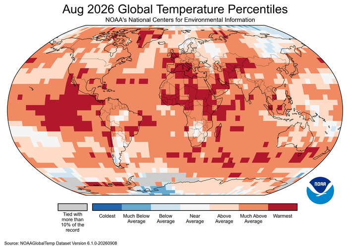 NOAANCEI's tweet photo. 🌎 Earth experienced its warmest August on record! Our latest global report for August 2026 is now available. In honor of Swap Ideas Day, tell us about your record warm August and read the full report here: https://t.co/FSWGuupTE3 https://t.co/jGoSSE9XSL