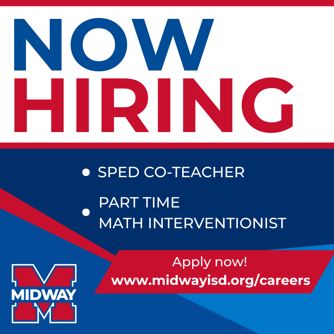MidwayISD's tweet photo. We are looking for passionate educators to join our team.
1 Full-Time SPED Co-Teacher &amp; 2 Part-Time Math Interventionists
If you love helping students succeed and want to be part of a supportive school community, we want to hear from you. https://t.co/N0D5NzU2TH https://t.co/YdhekUkxA1