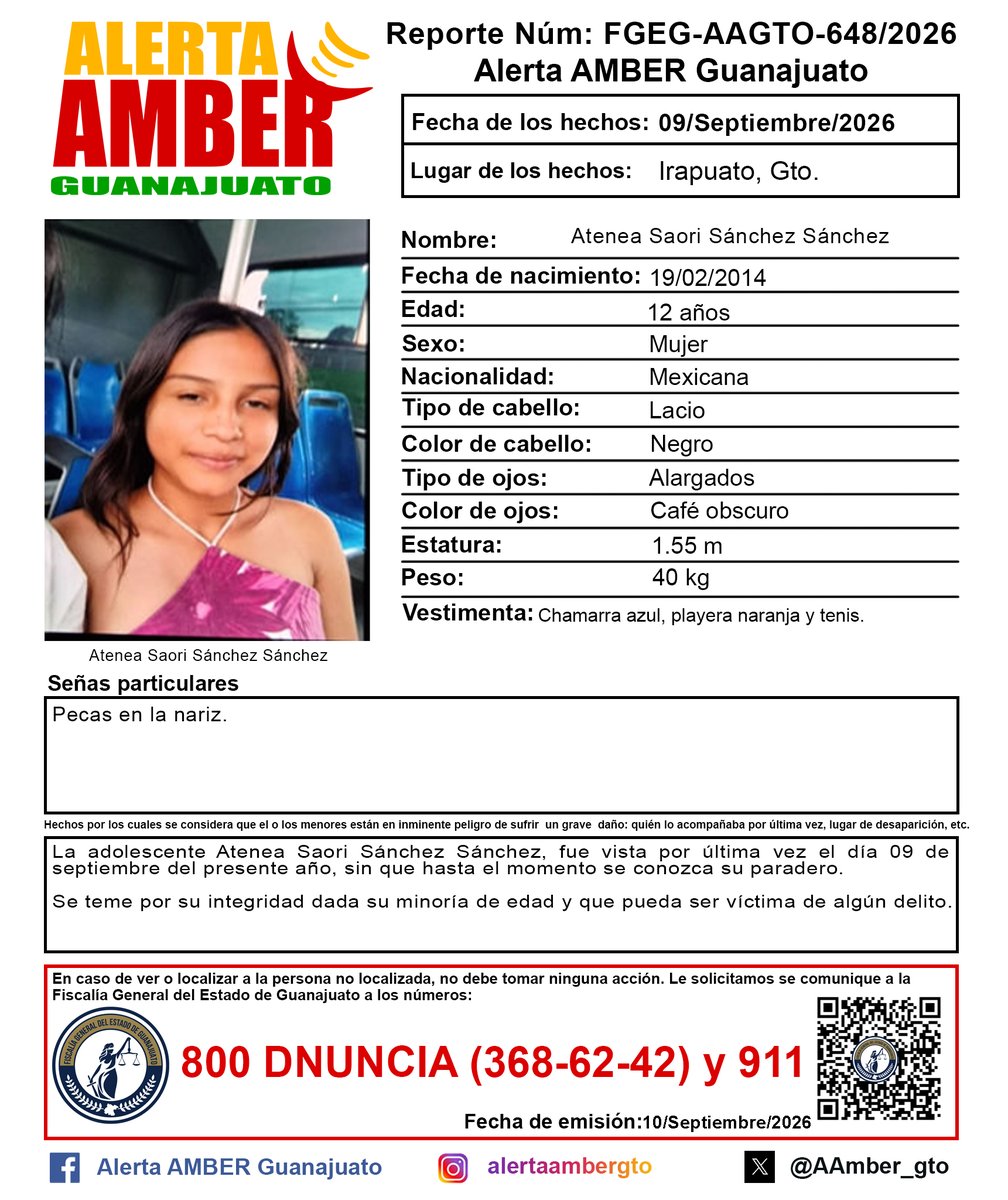 AAMBER_gto's tweet photo. Activación de la Alerta AMBER Guanajuato de la adolescente Atenea Saori Sánchez Sánchez de 12 años, Irapuato, Gto. ¡Ayúdanos a localizarla! https://t.co/BsoUfaqzgX