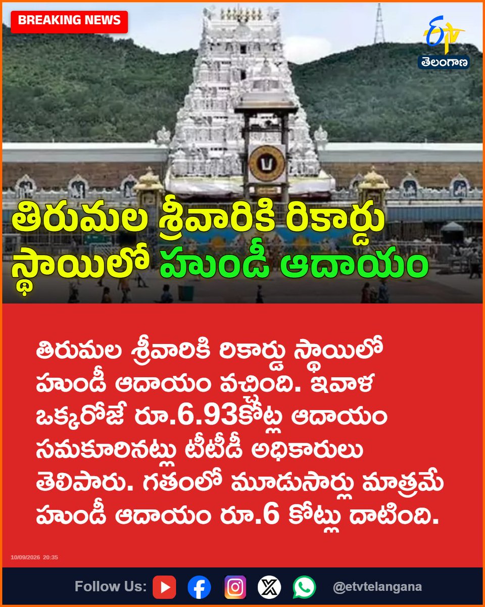 etvtelangana's tweet photo. తిరుమల శ్రీవారికి రికార్డు స్థాయిలో హుండీ ఆదాయం
For More LIVE Updates Click This Link
https://t.co/J7l3k76SGA
#Tirumala
#TTD
#LordVenkateswara
#HundiIncome
#RecordIncome
#Etvtgbreaking https://t.co/9lye0dbwhc