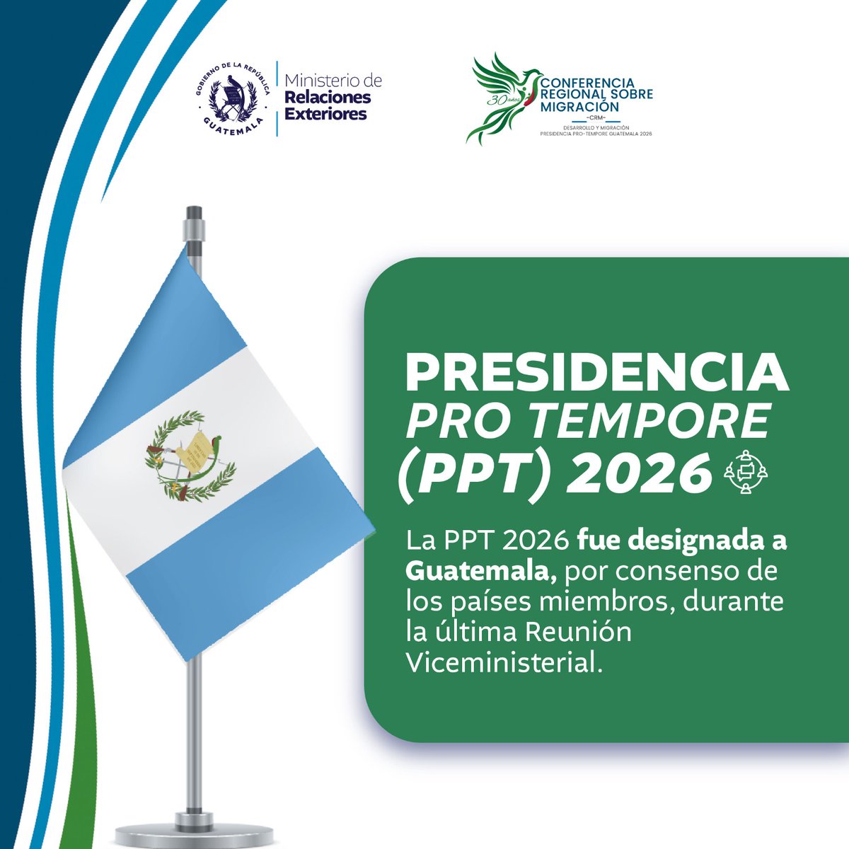 MinexGt's tweet photo. #CRM | Guatemala fue designada por consenso para ejercer la Presidencia Pro Tempore 2026, reafirmando su liderazgo y compromiso con la cooperación regional en materia migratoria.
#GuatemalaLideraLaCRM https://t.co/qTS1UGom1i