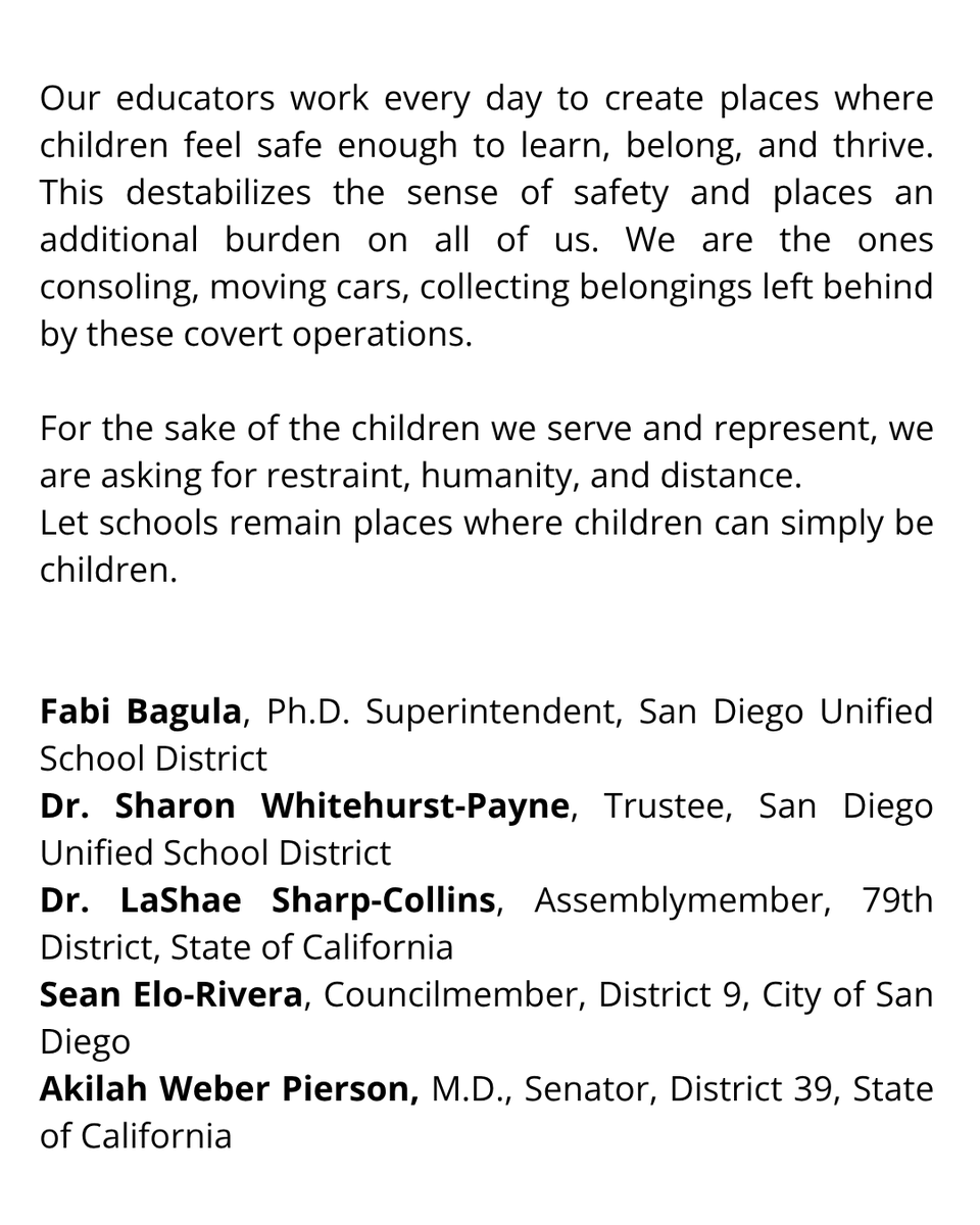 sdschools's tweet photo. Joint Statement: ICE Detainment of Families of San Diego Unified Students

Read the full statement in our Newscenter: https://t.co/HUbFaUsbFy https://t.co/PYN8pNu25F