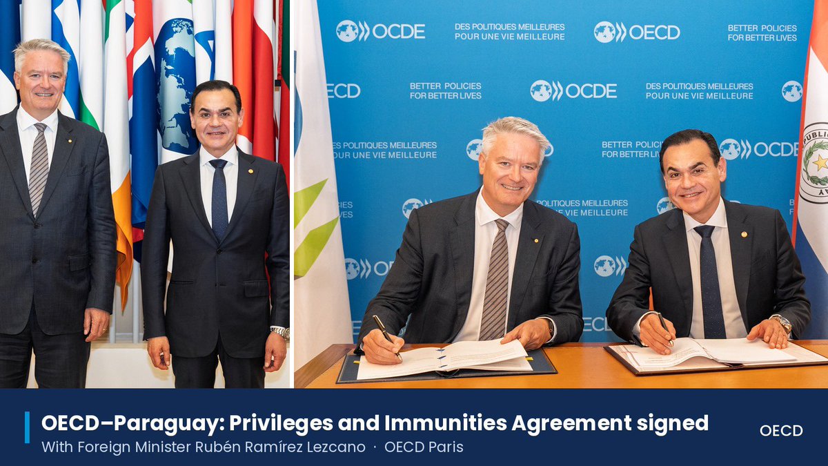 MathiasCormann's tweet photo. Welcome to the OECD, Foreign Minister @rramirezlezcano 🇵🇾. 

Today we signed a Privileges and Immunities Agreement – a new milestone in the OECD–Paraguay partnership. 

Our Country Programme is now in full swing, supporting reforms for stronger, more inclusive growth in Paraguay. https://t.co/kFrkD1xhQy