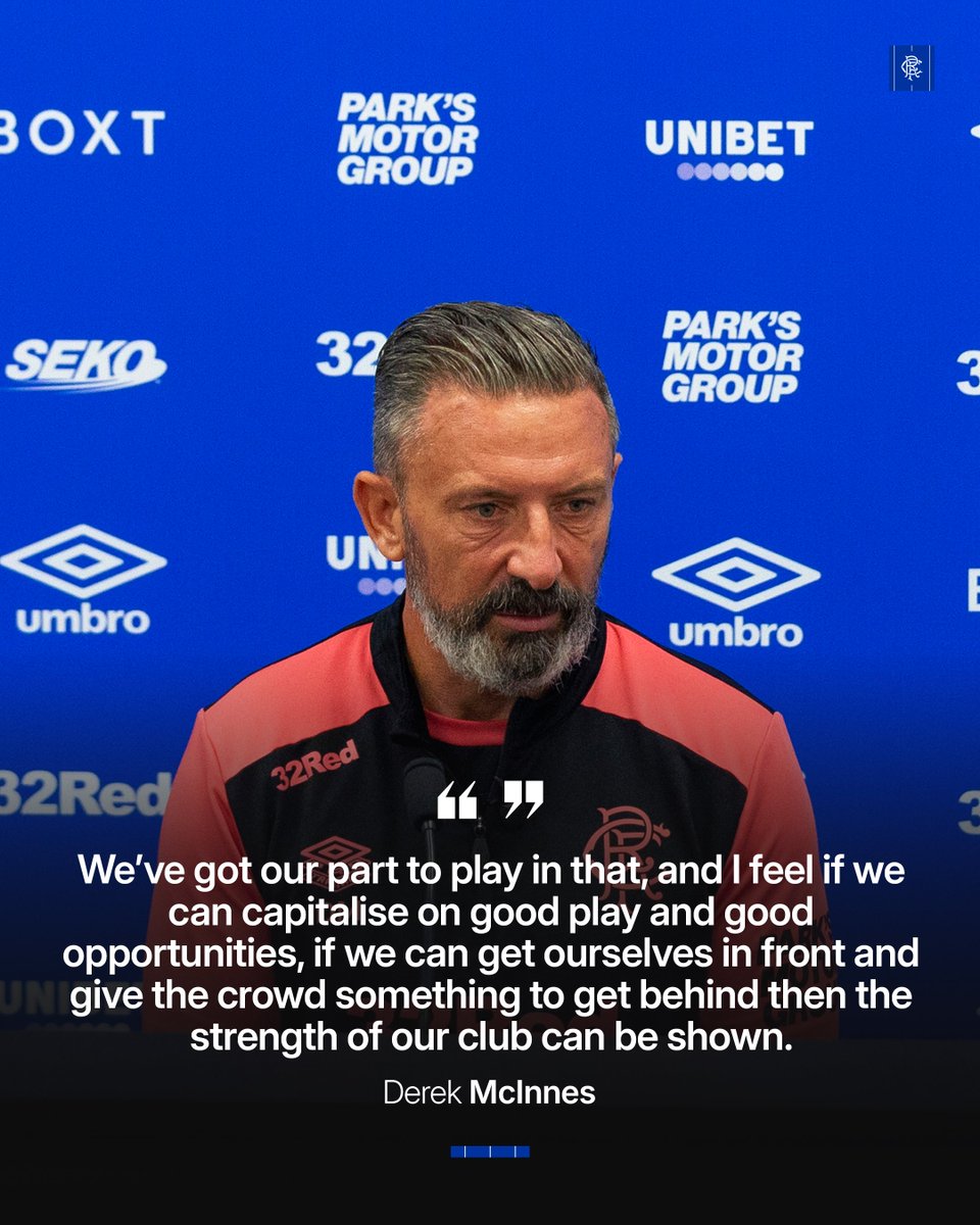 RangersFC's tweet photo. 💭 "It is important that we tap into having those 50,000 supporters behind us. Be behind the players, support them, have their backs, and really make it as tough as possible."

🎙️ Derek McInnes believes Rangers must harness the backing of the Ibrox crowd as they prepare for Sunday’s Old Firm derby.

🔗 https://t.co/jDQCIQoHWS