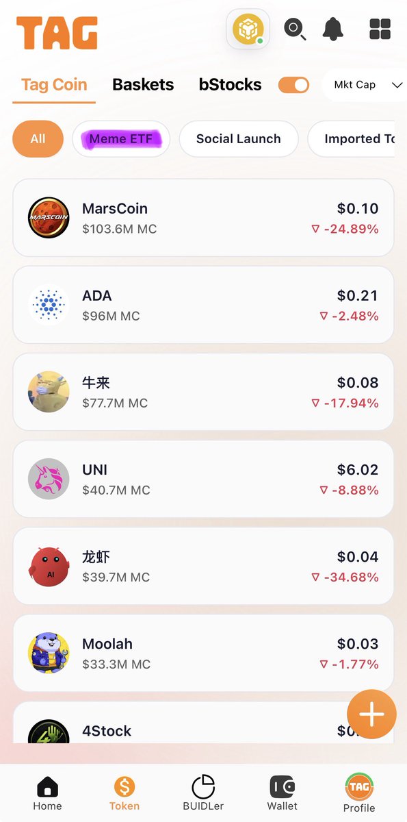 TagAIDAO's tweet photo. A token issuance protocol combined with on-chain ETFs launched on @BNBCHAIN Now.

1) Launch tokens to raise initial liquidity for tokenized stocks;  
2) Create a basket of tokenized stocks as an on-chain ETF;  
3) Use token trading fees to buy back the on-chain ETF and distribute dividends to holders.

Let’s kick off the autumn of MEME ETFs!