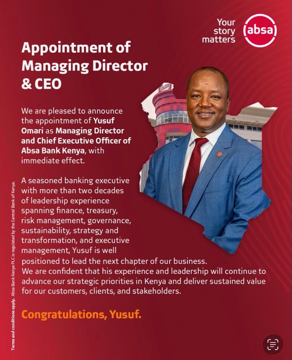 mainachegemc's tweet photo. Congratulations @YusufYusufomari on your appointment!
@AbsaKenya https://t.co/UMi6K17rvK