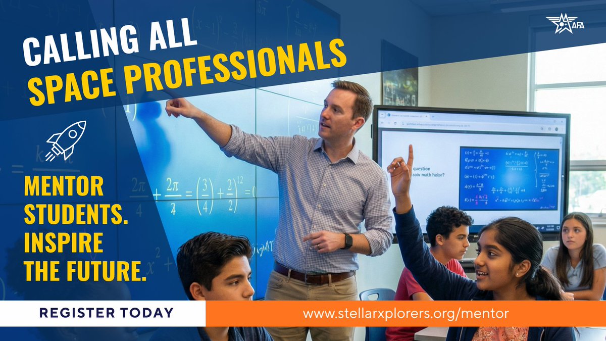 AFA_STLX's tweet photo. Calling all space professionals! Help inspire the next generation of space leaders by volunteering as a StellarXplorers Technical Mentor. Flexible commitment, meaningful impact, and an opportunity to help students explore real-world space missions. 

#STEMEducation #SpaceIndustry https://t.co/aCWrvnSrFS