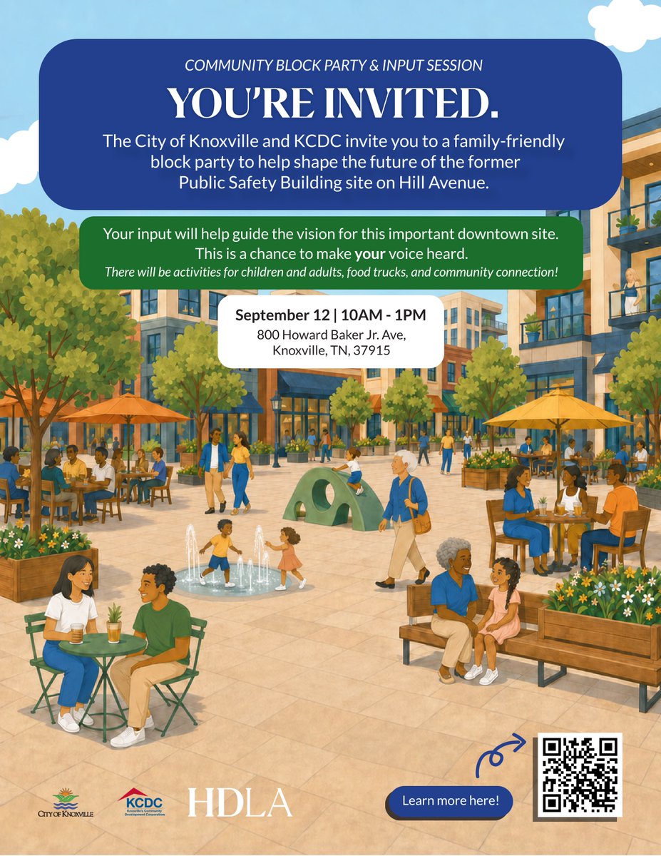 moxcar's tweet photo. Help shape the future of a key property downtown!

@KnoxvilleCDC and the @CityKnoxvilleTN are hosting a community block party and input session Saturday, Sept. 12, from 10 a.m.-1 p.m. at the former Public Safety Building site next to the Knoxville Civic Auditorium and Coliseum (KCAC).

The free, family-friendly event will include opportunities to share ideas for the site, participate in activities for children and adults, and enjoy food and beverage vendors.

Free parking is available onsite and in KCAC garages B and C. The event is a short walk from the KAT bus transit center, and bicycle racks will be available for attendees who travel by bike.