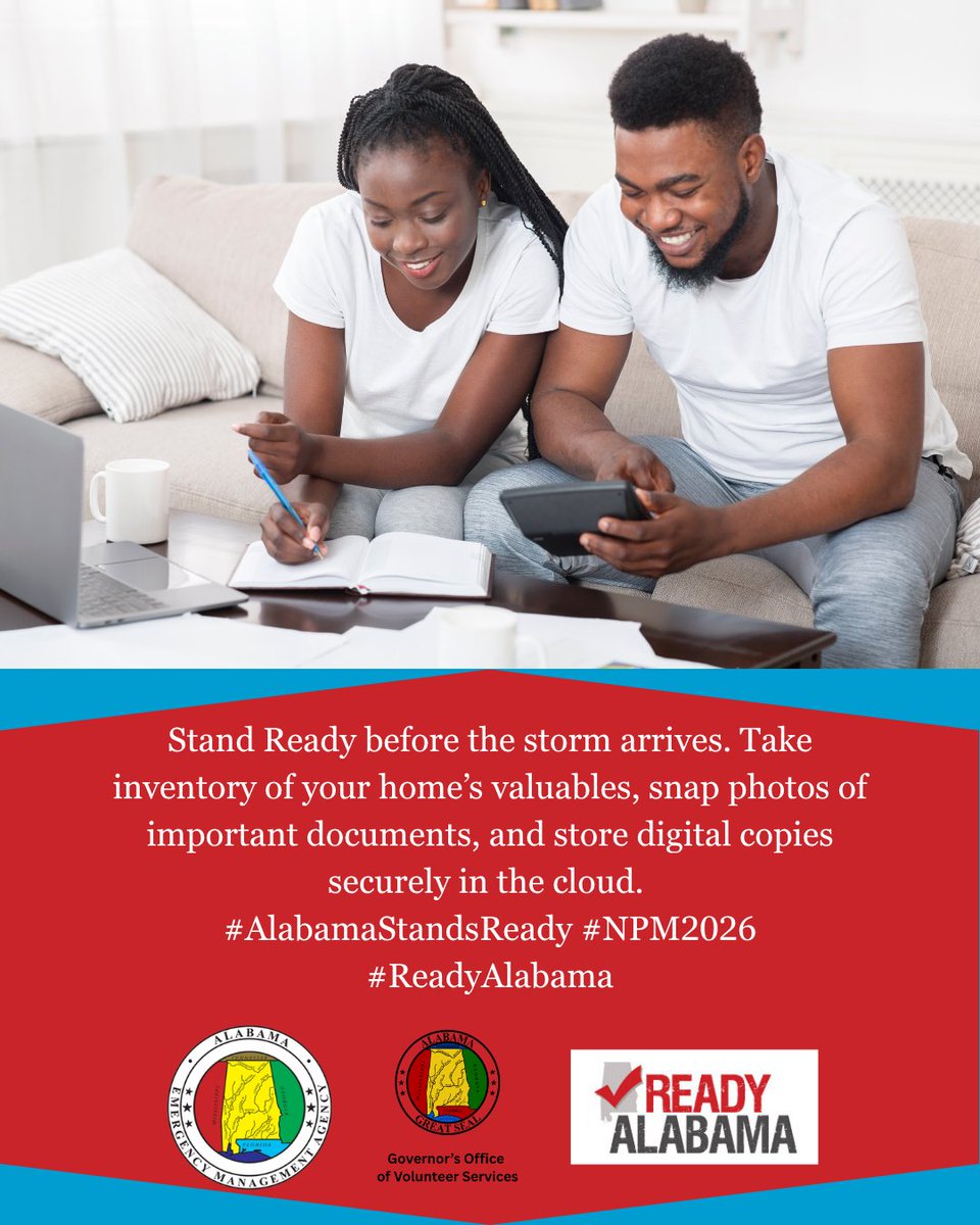 AlabamaEMA's tweet photo. Stand Ready and take inventory of your home's valuables before the storm arrives. #AlabamaStandsReady #NPM2026 #ReadyAlabama https://t.co/NqKUEvZ8j5