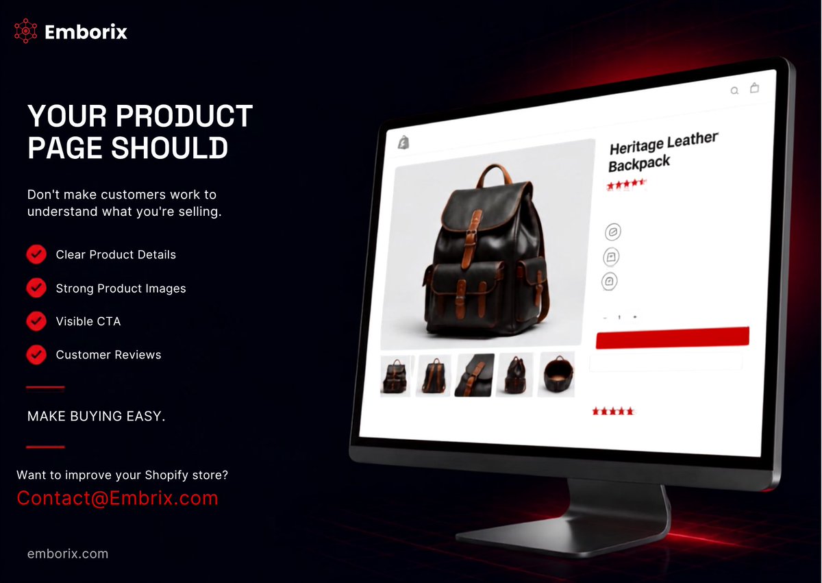 emborix_'s tweet photo. Your product page should sell the product. 🛒

Clear details.
Strong images.
Reviews.
Visible CTA.
Don't make customers work to understand what you're selling.
📩 Contact@Emborix.com
🌐 https://t.co/Gqc8HpsT9f
#Shopify #Ecommerce #Emborix https://t.co/APZeCaOZn8