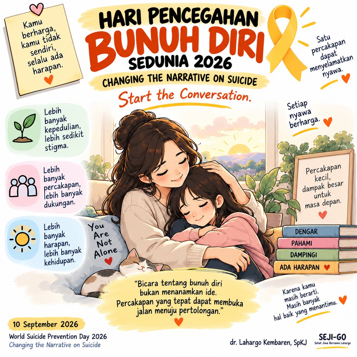 LahargoKembaren's tweet photo. Hari Pencegahan Bunuh Diri
Salam SEJI-GO
(Sehat Jiwa Bersama Lahargo)
#WorldSuicidePreventionDay #WSPD2026 #StartTheConversation #ChangingTheNarrativeOnSuicide #sejigo https://t.co/JgQq42hj6s