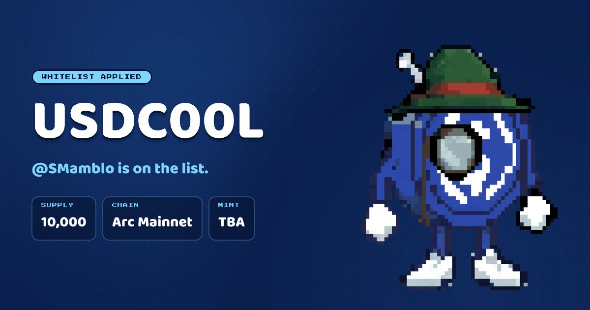 SMamblo's tweet photo. I already joined the @usdc00l whitelist 🫡

10,000 c00l coins landing on Arc.
Stay liquid. Stay c00l.

#USDC00L #Arc https://t.co/gLETvk3jJq https://t.co/HR6nNMObWR