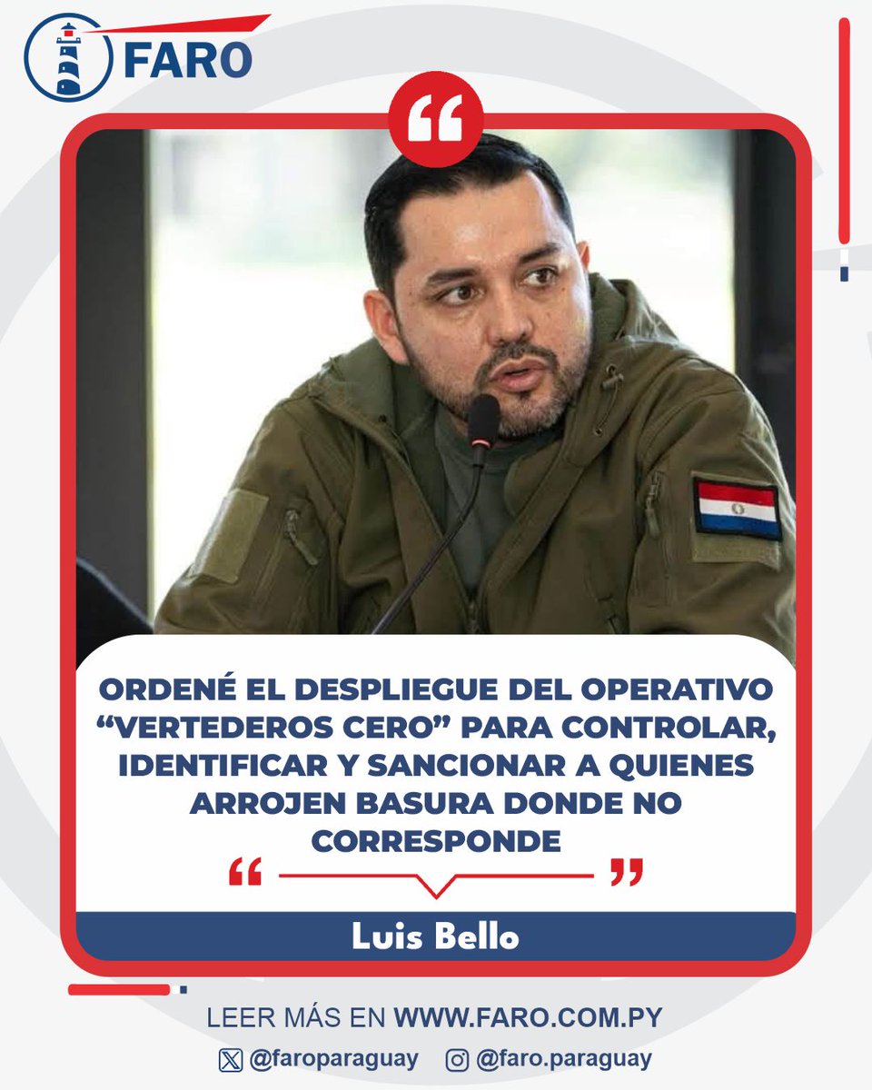 FaroParaguay's tweet photo. Más control contra quienes ensucian Asunción.

El intendente de Asunción, Luis Bello, puso en marcha una estrategia para reforzar los controles contra los vertederos clandestinos y la disposición irregular de residuos en distintos puntos de la capital.

Equipos municipales recorrerán las zonas más afectadas para identificar los puntos donde se arroja basura de manera ilegal y fiscalizar a los responsables.