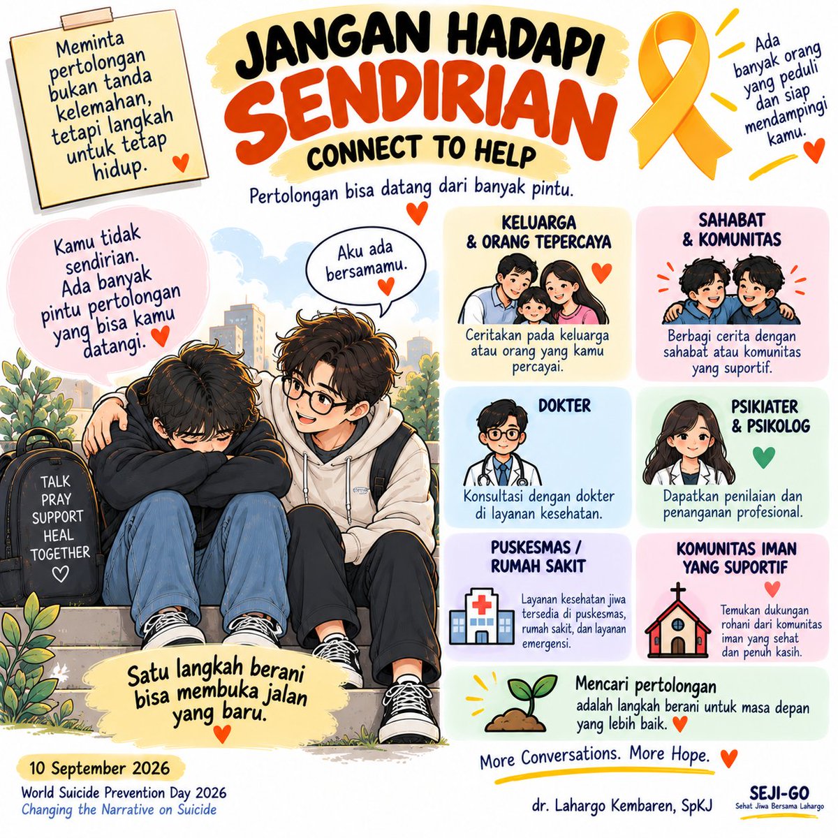 LahargoKembaren's tweet photo. Hari Pencegahan Bunuh Diri
Salam SEJI-GO
(Sehat Jiwa Bersama Lahargo)
#WorldSuicidePreventionDay #WSPD2026 #StartTheConversation #ChangingTheNarrativeOnSuicide #sejigo https://t.co/dUB4R7cIzy