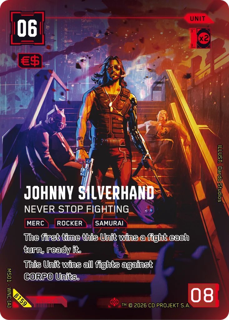 Adonis_Allan's tweet photo. Cyberpunk TCG Card of the Day🌆
Johnny Silverhand: Never Stop Fighting - Iconic Rare
A persistent threat to take out Corpos at no cost, then instantly attack again or secure Gigs
Official errata: β159’s printed Sell tag is a misprint 👀 https://t.co/BoYUjx6KJn