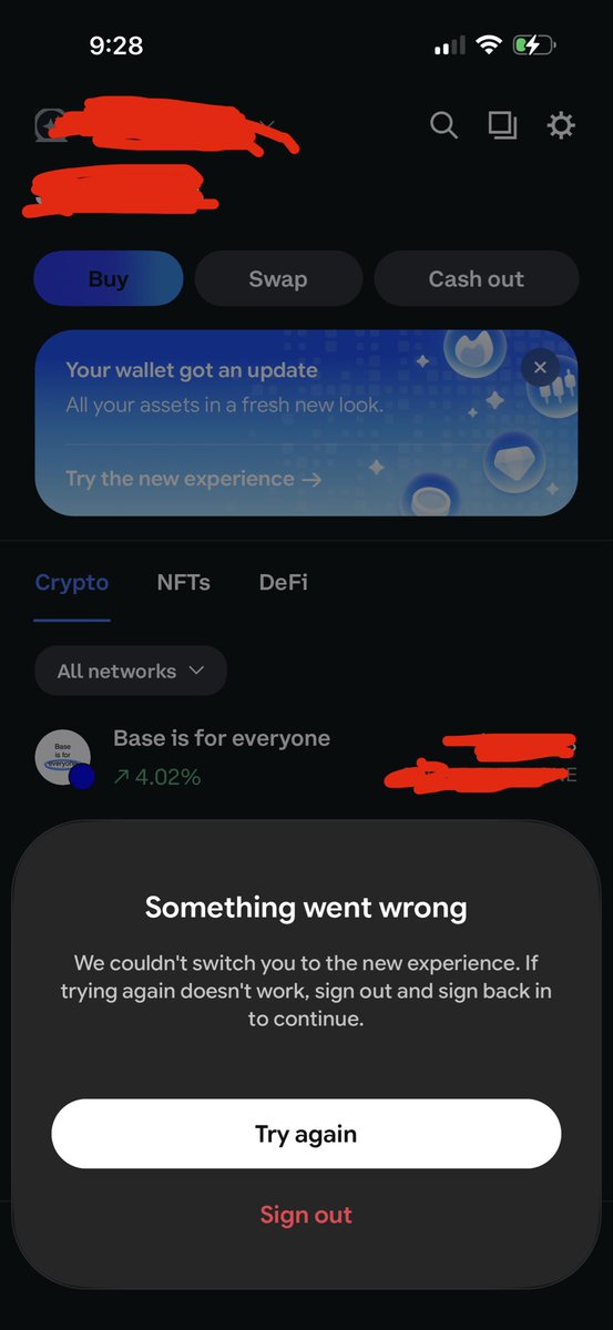 BasedPunk4932's tweet photo. @Oxxbid different bug from the launch-screen glitch — this one fully blocks the app.
iOS, Base App 30.10.1. After the “Try the new experience” prompt + Face ID 

I get this modal and can’t tap anything behind it. Try again fails. Offload + reinstall didn’t help. Still logged in on the old UI underneath.