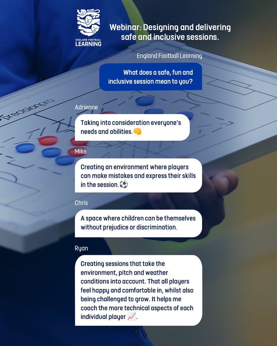 EnglandLearning's tweet photo. What does creating safe, fun and inclusive sessions mean?

Our latest webinar explores how you can design and deliver them 💪 https://t.co/XSLyzeJyP4