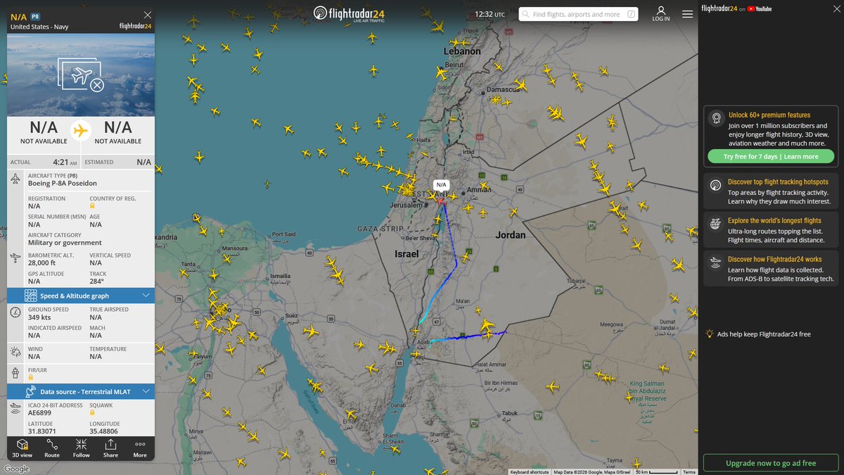 AIYeyENGDdJkjTr's tweet photo. Sept. 11, 2026
#Djibouti #Aqaba, Jordan ==> #Naval Air Station Sigonella 

#NoCALLSIGN #AE6899 USN P-8A Poseidon https://t.co/wJTv62nk0G