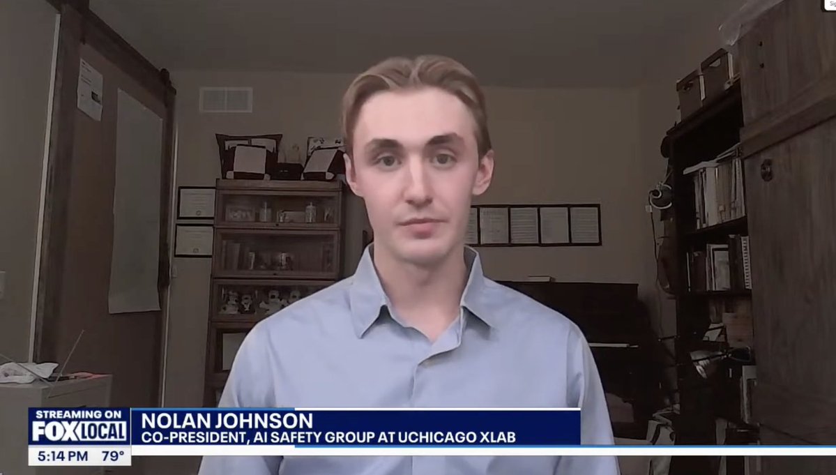 uchicagoxlab's tweet photo. XLab AI Safety Group's Nolan Johnson was interviewed on FOX 32 Chicago yesterday! 

Nolan talked about recent shakeups at Anthropic, the case for AI x-risk, and the UChicago AI safety group. Full segment linked below. https://t.co/0RdIFTRwfH