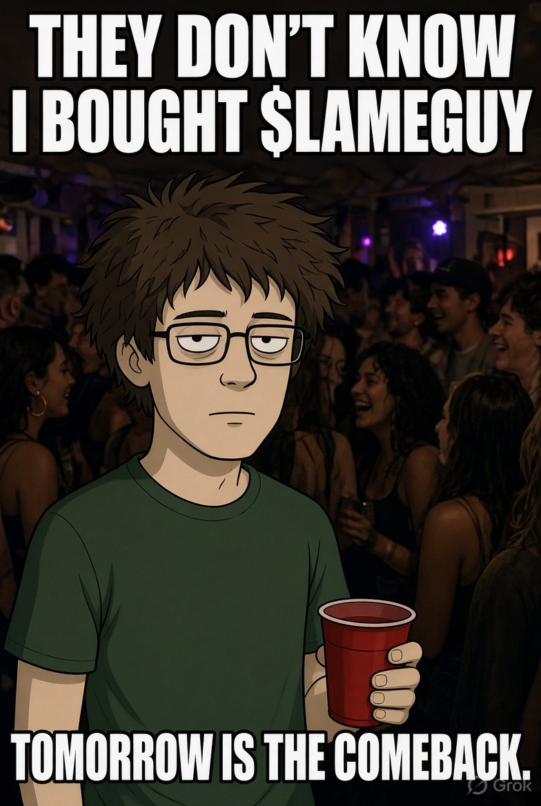 OnlyLameGuy's tweet photo. Everyone talking alpha.
Peeps holding $LAMEGUY and a ranked loss streak.
Tomorrow is the comeback. https://t.co/vNwTYY4uuY