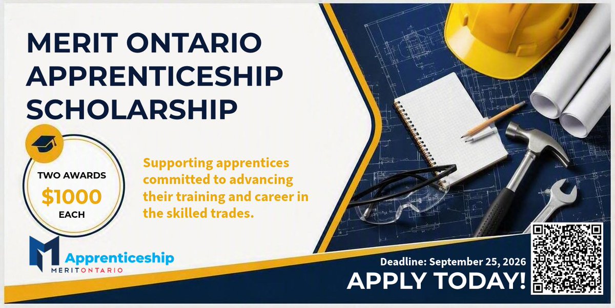 Merit4Training's tweet photo. 📢 Merit Ontario is investing in tomorrow's skilled trades professionals.

💰 Two $1,000 Apprenticeship Scholarships available. 📚 Support for training, tools &amp; career growth. 📅 Deadline: Sept. 25
🔗: https://t.co/Jw9sXuLzjX

#SkilledTrades #Apprenticeship #FutureBuilders https://t.co/5P0WKAL0yt