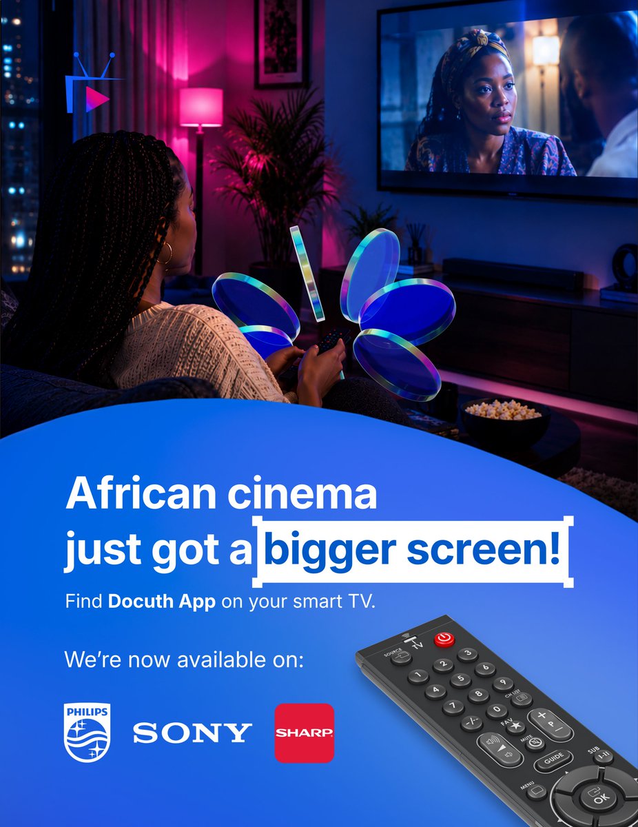 DocuthApp's tweet photo. You asked if Docuth App was on TV. The answer is now yes. 

Search for us on your Philips, Sharp or JVC smart TV and watch African cinema on the big screen. 📺🎬 https://t.co/BFZrCSt7yO