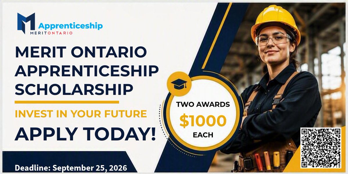Merit4Training's tweet photo. ⏰ Don't miss out! Final Week

🎓 Merit Ontario is awarding 2 scholarships worth $1,000 each to support apprentices in the skilled trades.

📅 Apply by Sept. 25.
🔗https://t.co/Jw9sXuLzjX

#MeritOntario #SkilledTrades #Apprenticeship https://t.co/ElIITQ1Tva