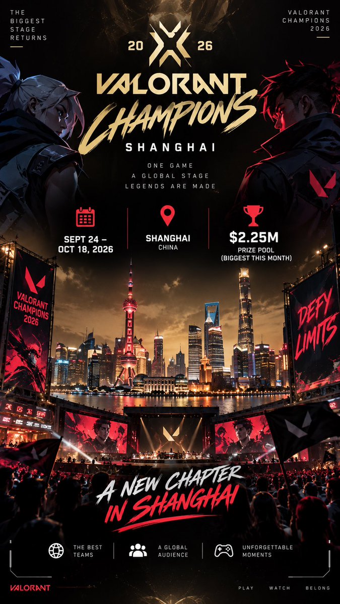 OGluminariluxo's tweet photo. 🏆 VALORANT CHAMPIONS 2026 IS HEADING TO SHANGHAI 🇨🇳

The biggest VALORANT tournament of the year is coming. 🔥

📅 September 24 – October 18, 2026
📍 Shanghai, China
💰 $2.25 MILLION prize pool https://t.co/lzBHVBYfdT