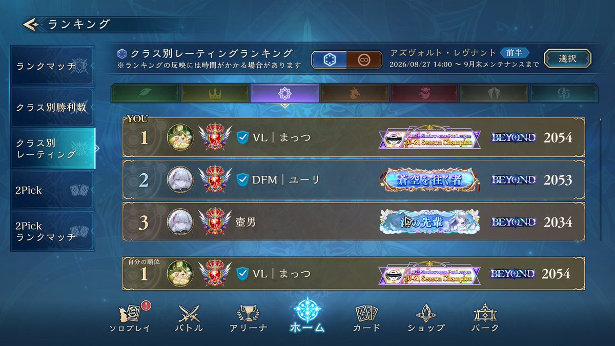mattsu__sv's tweet photo. PSでも使った魔手ウィッチで配信中に一位奪還😤
このデッキはどんだけ強いわけ😱

10-5 2002→2054

最後の試合ワム×2とブレデス返しながら打点と面作ってて気持ち良すぎた
アーカイブ↓
https://t.co/iFlBknsMEI
#シャドバPS https://t.co/6zDRppifxp