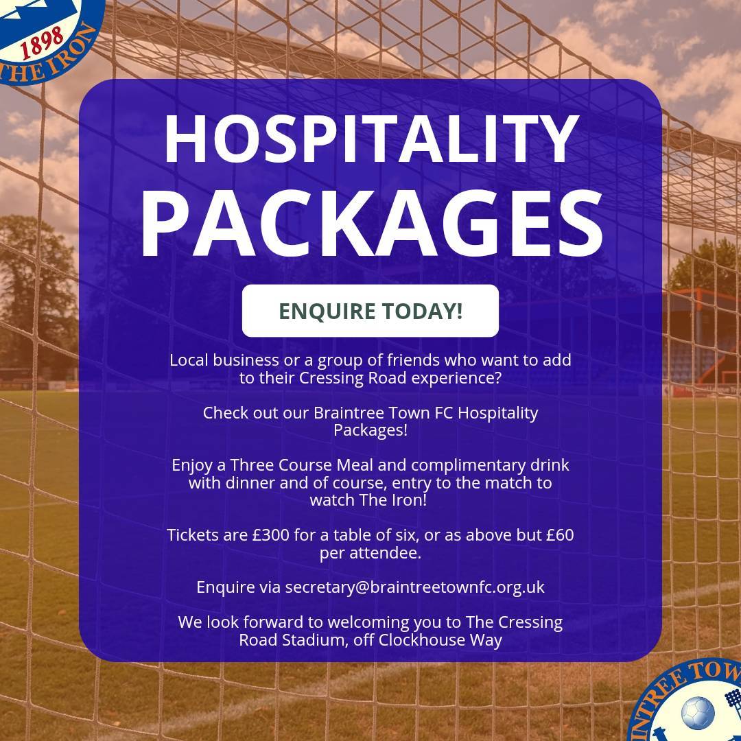braintreetownfc's tweet photo. HOSPITALITY PACKAGES!

Want to elevate your match day experience at The Cressing Road Stadium this season? Check out the poster below and enquire today to secure your Hospitality package!

Check out the Braintree Town FC Website to look at what home games are approaching that might take your interest! https://t.co/YuipDqqgJr

#IronArmy | Forged in 1898