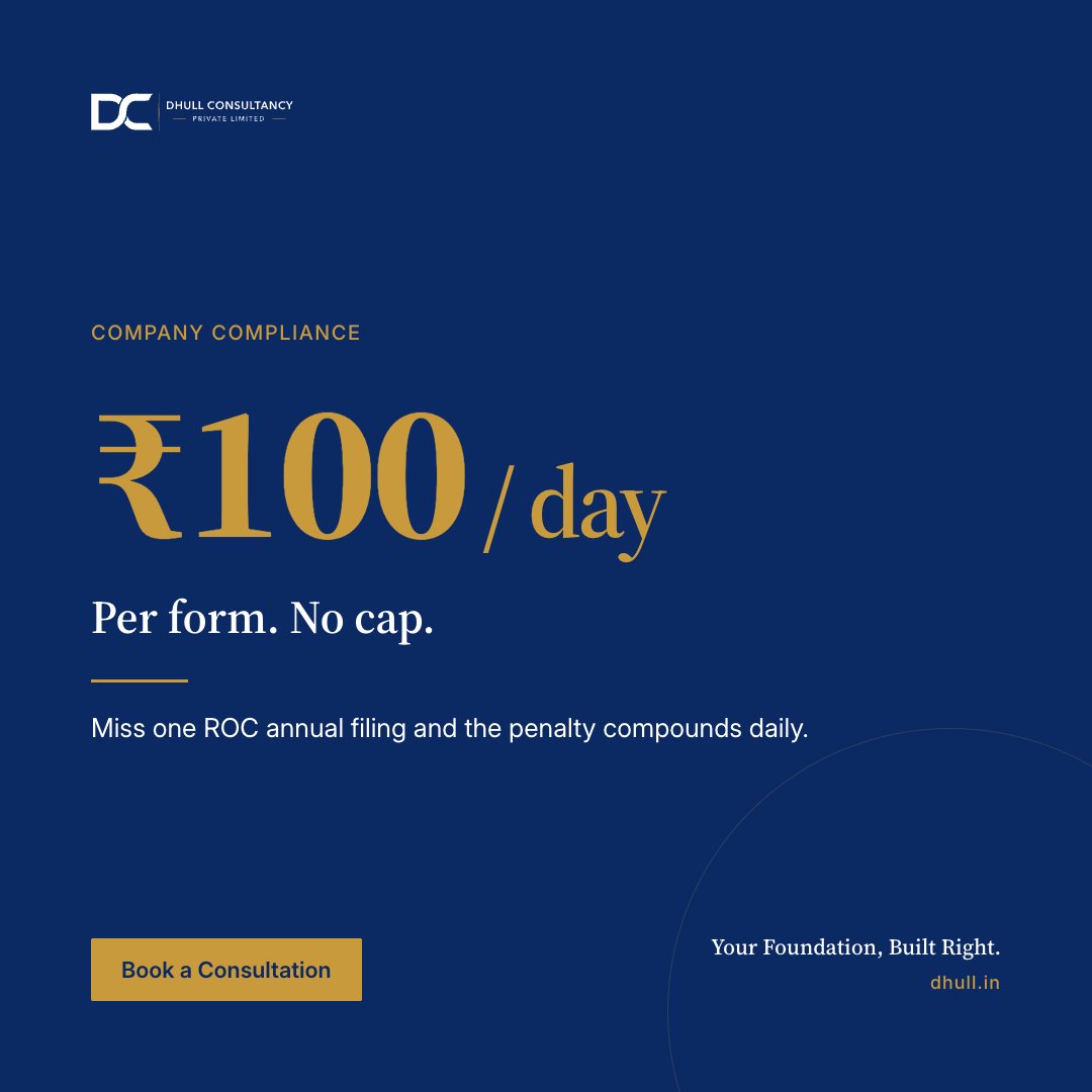 Dhull_In's tweet photo. ROC annual filing penalties don't cap out.

₹100/day, per form, for as long as it's pending.

Do it 3 years running and it becomes director disqualification.

Close the gap before the next due date. Book a consultation: https://t.co/YXdsEF8WAH

#ROCFiling #AOC4 #DhullConsultancy https://t.co/lKJAfjx1p9