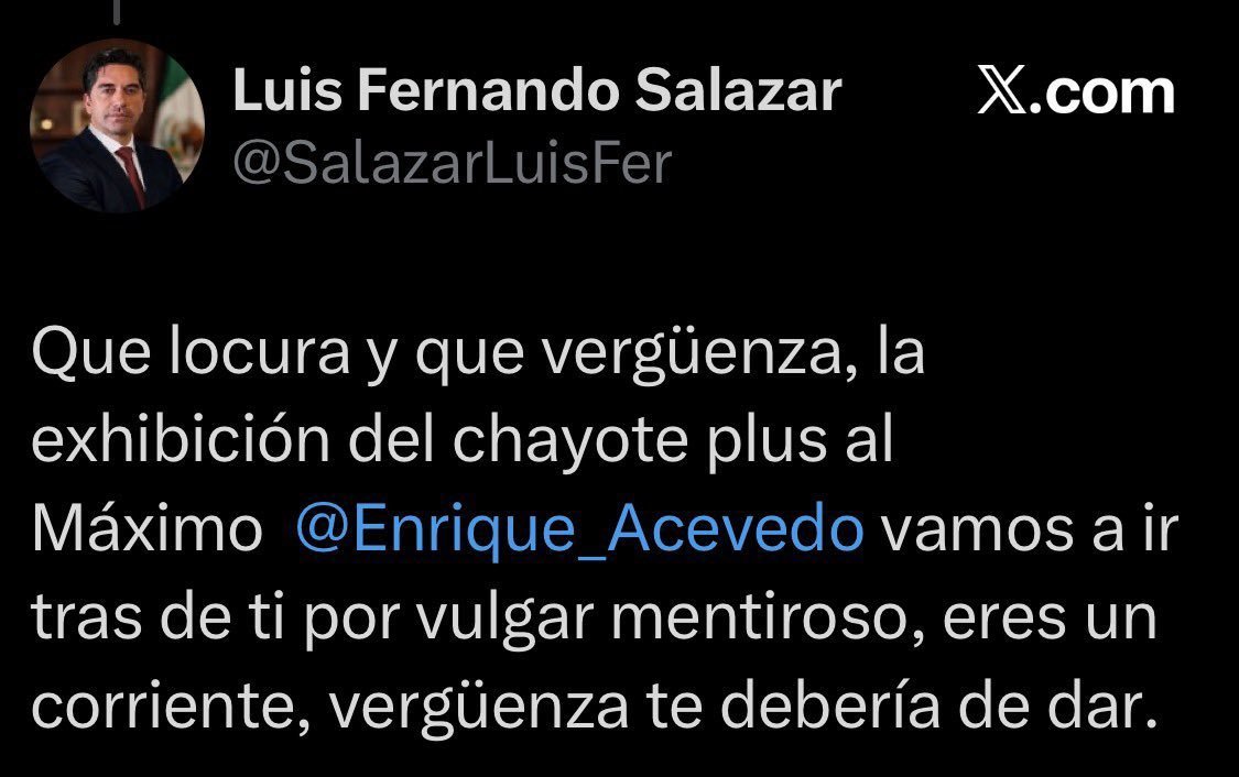 JMRivaPalacio's tweet photo. El senador @SalazarLuisFer amenaza al periodista @Enrique_Acevedo "vamos a ir tras de ti". Vivimos en un país donde las agresiones a comunicadores y periodistas ocurren todos los días, situación que el morenista no entiende, obviamente borró el tuit pero aquí está ⬇️ https://t.co/Y2pUGRcDsW
