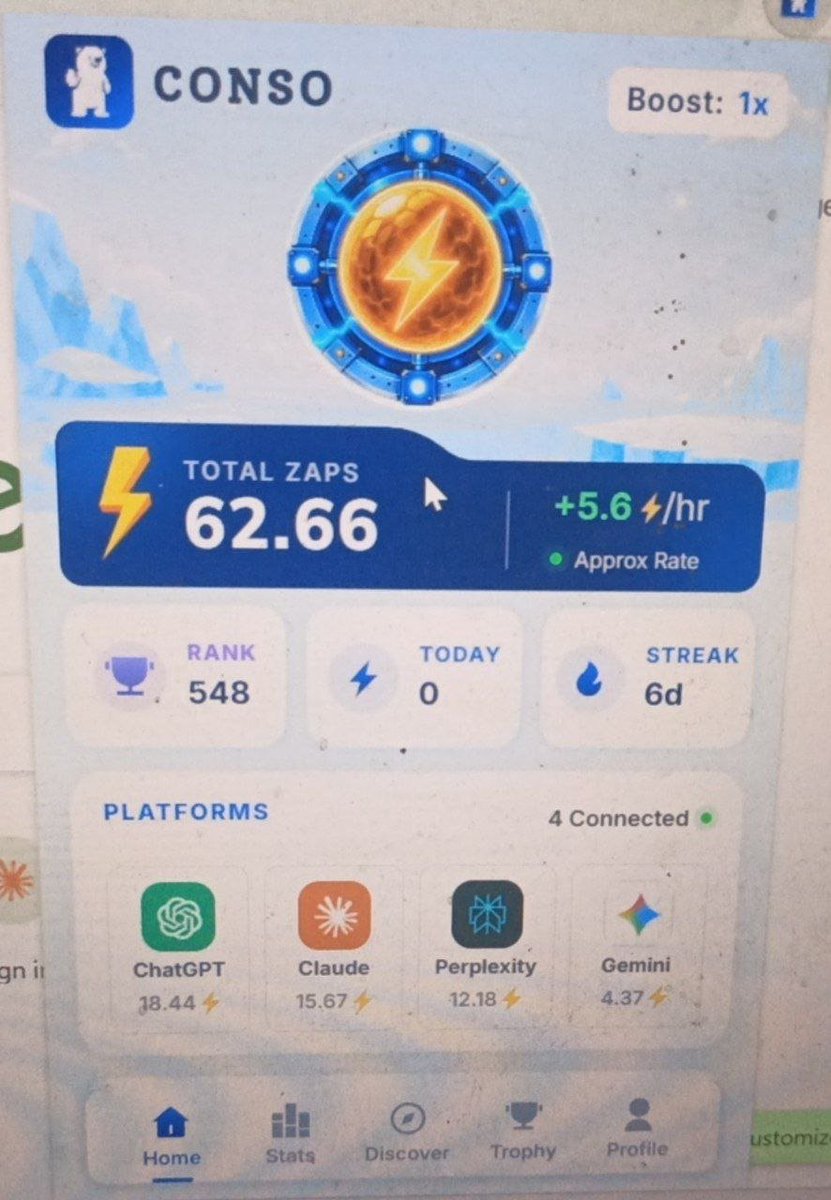 Azling9's tweet photo. Trying out @conso_xyz extension today. ⚡
Smooth setup, easy to use, and already farming ZAPs. Early Web3 gem worth checking out! 🚀
#Conso #Web3 #Airdrop https://t.co/Fy9XL59YGU