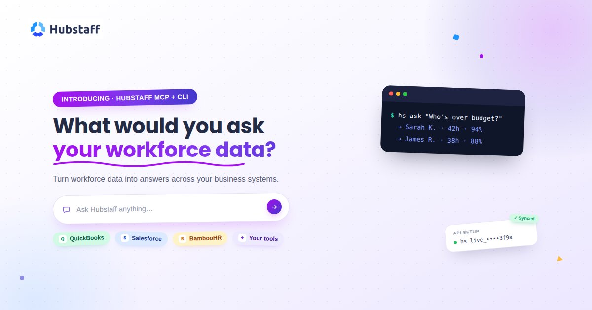 Hubstaff's tweet photo. Your workforce data, now AI-ready. With Hubstaff MCP, connect workforce data to compatible AI tools to ask questions and uncover answers.
Explore: https://t.co/2QLZYvXoIC
Try it out live: https://t.co/d45WtLAEyD
#Hubstaff #MCP #AI https://t.co/FcrK6DpGJa