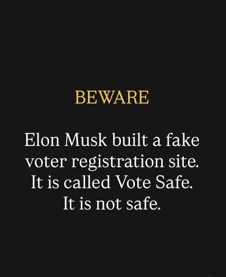 BraddrofliT's tweet photo. BEWARE: Elon Musk’s America PAC operates https://t.co/Y8s1dzZW17. It is not a government voter-registration site and collects voter data that its privacy policy allows it to share or sell in certain circumstances. Use https://t.co/3ic1J3try6 or your state’s official election website instead.
