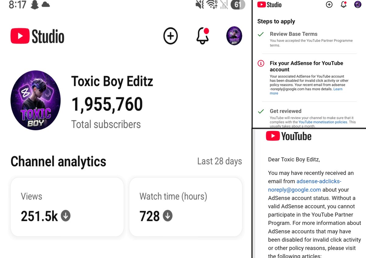 ToxicBoy313's tweet photo. Hi @TeamYouTube @YouTube My AdSense account has been disabled, which has demonetized my channel of 1.9M subscribers built over 2 years of hard work. Please restore my AdSense account or give me the option to link a new one. #YouTubePartner #AdSense #Monetization https://t.co/8RwyZt4NdX