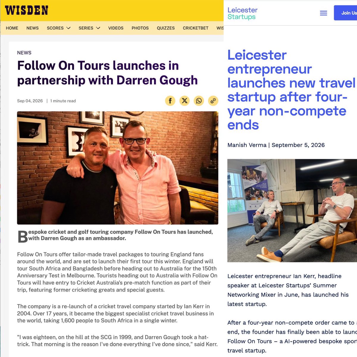 followontours's tweet photo. Two write-ups this week. Wisden, and Leicester Startups.

Neither was expected. Thank you to both.

Follow On Tours — bespoke cricket and golf, built around you rather than a departure date. @DGoughie  ambassador. Links in comments https://t.co/Zs001FqBX5