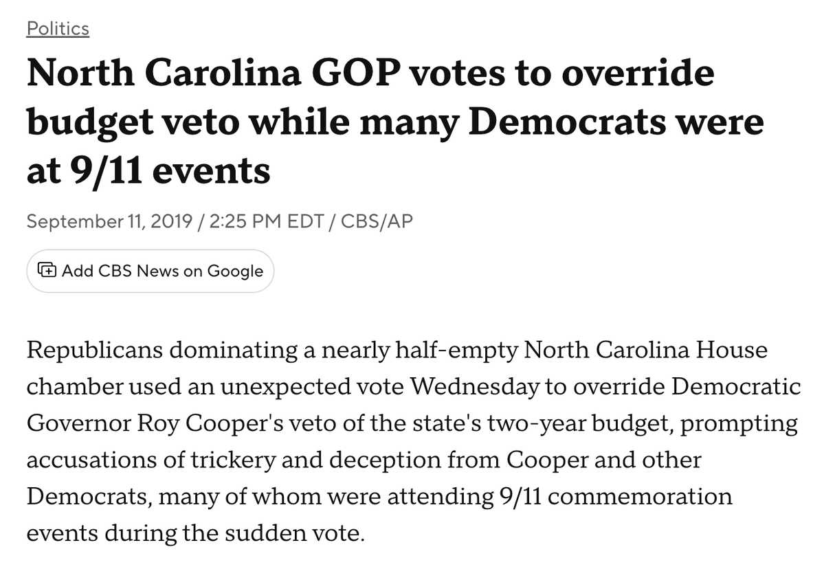 ForwardCarolina's tweet photo. Hey, remember when you guys exploited a September 11th memorial to spring a surprise vote to override a veto?

North Carolina does.
https://t.co/VbeoC8dArh https://t.co/UeeKwhqOaK