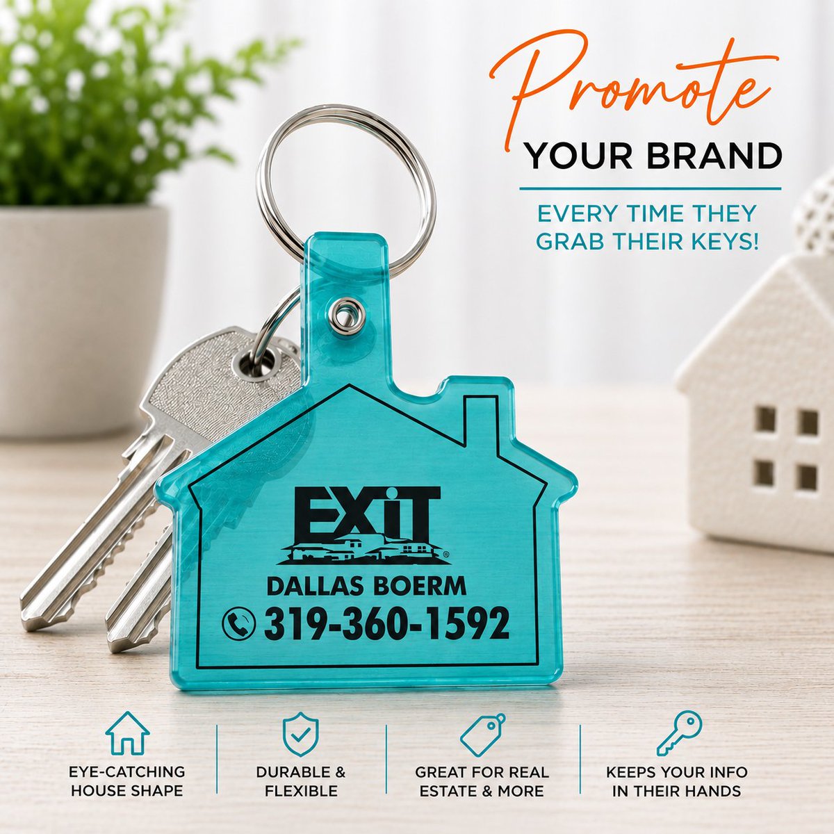AvHGraphics's tweet photo. Loved creating these custom house-shaped key tags for Dallas Boerm at EXIT Realty &amp; Associates – The Huls Group! The translucent aqua color paired with a bold black imprint makes his branding stand out every time a client grabs their keys. 💙

#BuyWithBoerm #RealEstateMarketing https://t.co/cGVfWGeZGV