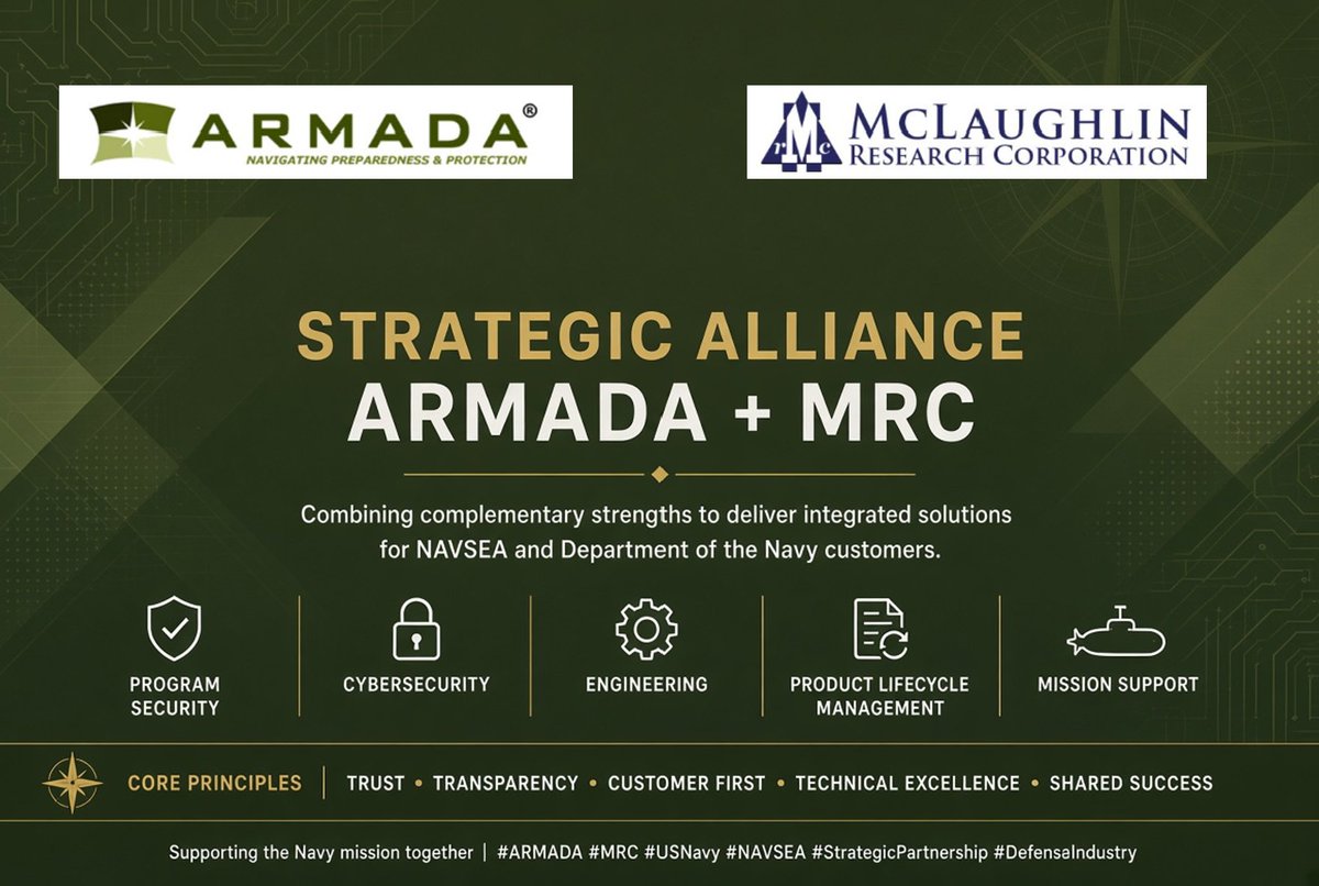 armadaltd's tweet photo. ARMADA is proud to announce a Strategic Alliance with @McLaughlinCorp . This partnership formalizes a successful working relationship and is built on complementary capabilities, joint customer engagement, and long-term growth. https://t.co/m3e3XOKjZS