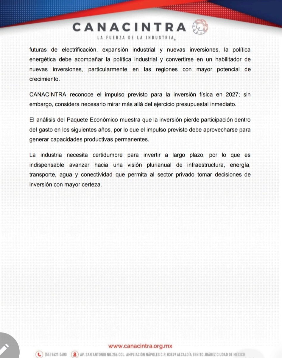 CANACINTRAMex's tweet photo. #Posicionamiento🚨 / 🔴 La industria nacional requiere certidumbre, inversión y una política económica que fortalezca la competitividad y el desarrollo productivo. https://t.co/JvBhnr3SYQ