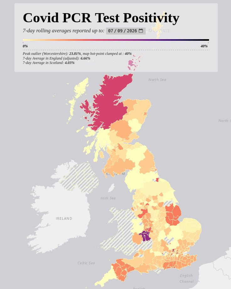 skeuomorphology's tweet photo. The PCR positivity map is out, and national positivity is at 4.03% in Scotland, 6.66% (adjusted) in England.

There have been some quite large regional shifts, and I think testing is starting to increase.

https://t.co/1phcyp7jth

1/7 https://t.co/kRg7l5kfBi