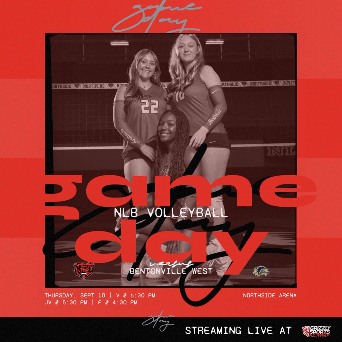 NLBVOLLEYBALL's tweet photo. CONFERENCE MATCHUP ON DECK 🚨
Northside vs. Bentonville West!
Catch all the action streaming LIVE on the Grizzly Sports Network! Don't miss a single play.
#NLBVolleyball #TakeONE https://t.co/GGHU0f16Jd