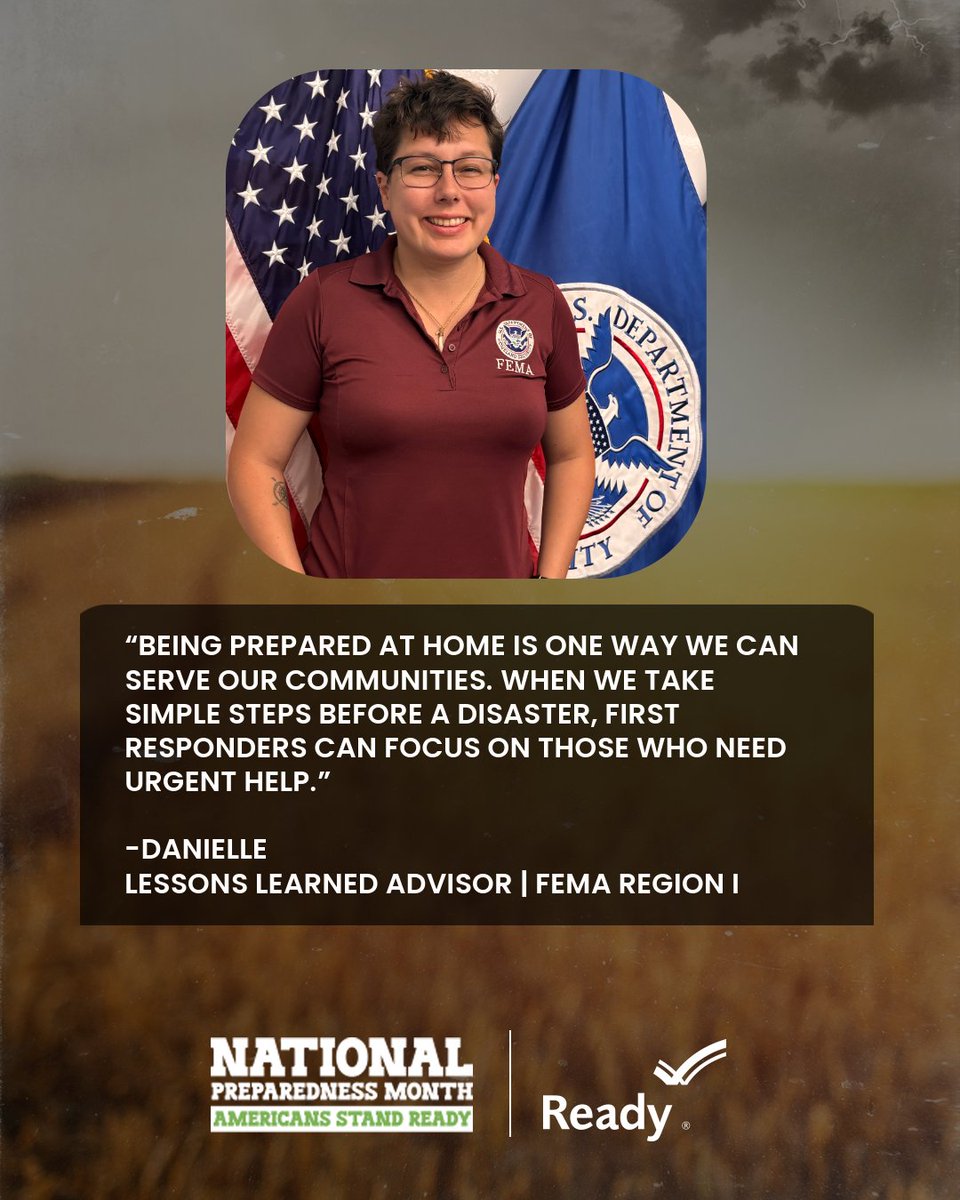 femaregion1's tweet photo. This #NationalPreparednessMonth, Dani from our Region 1 team shares how individual preparedness helps communities stand ready.

Being prepared before a storm can help reduce strain on first responders when emergencies happen.

#AmericansStandReady

1/2 https://t.co/wlCO24T5wo
