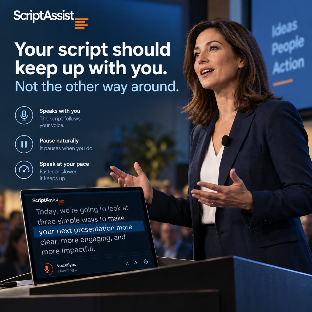 SlideSource's tweet photo. What if your teleprompter could listen instead of making you keep up?
 
Traditional teleprompters scroll at a preset speed. Speak faster, slow down, or pause to make a point, and suddenly you are managing the teleprompter instead of focusing on your audience.
 
ScriptAssist VoiceSync takes a different approach. It listens to your voice and moves the script as you speak. Pause, and it pauses. Pick up your pace, and it follows.
 
When Geetesh Bajaj tested VoiceSync for his independent review of ScriptAssist, he described the experience as feeling “a little like a magic trick.”
 
There is sophisticated technology behind it. But for the presenter, the goal is simple: one less thing to think about while presenting.

See how VoiceSync works:
https://t.co/DKjHSDWl56

#PresentationSkills #Teleprompter #PublicSpeaking #ScriptAssist