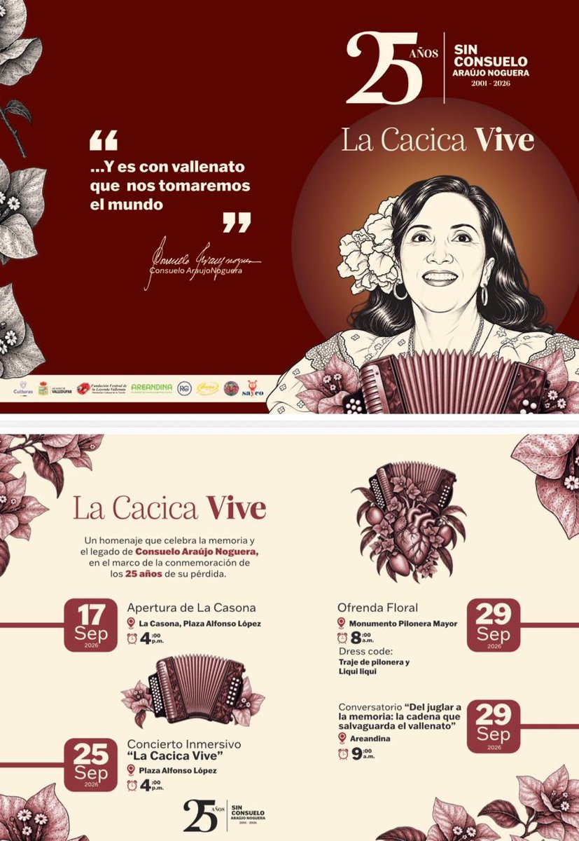 CacicaStereo's tweet photo. LA CACICA VIVE: 25 AÑOS DE UNA AUSENCIA QUE NO SE BORRA

El próximo 29 de septiembre se cumplen 25 años del asesinato de Consuelo Araujonoguera, La Cacica: periodista, escritora, gestora cultural, fundadora del Festival de la Leyenda Vallenata y exministra de Cultura.

Secuestrada el 24 de septiembre de 2001, fue asesinada cinco días después por las FARC. Pero su voz, sus luchas y su legado permanecen. 🕊️

La Cacica no está, pero La Cacica vive en el vallenato, en la cultura y en la memoria de un pueblo al que ayudó a reconocerse.

En Cacica Stereo, emisora que lleva con orgullo su nombre, nos sumamos a esta conmemoración. ❤️

Te invitamos a conocer y participar en la agenda de actos que se realizarán en Valledupar y el país. 👇