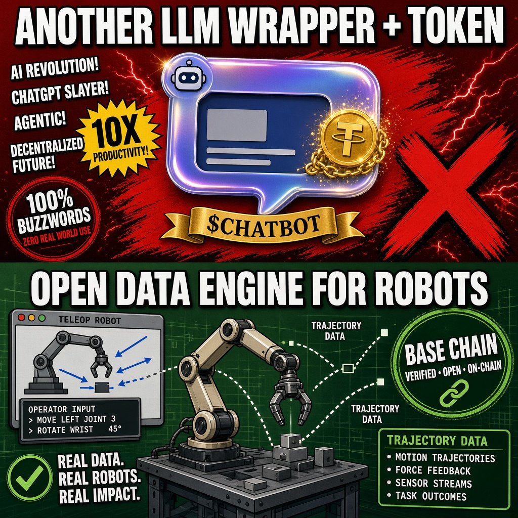 Tony85804582's tweet photo. Hot take for this cycle:

The breakout narrative isn't another LLM wrapper with a token.

It's Physical AI —
intelligence that acts in environments, not just replies in a text box.

CT is rotating into #roboticsnarrative.
Humanoids are walking on timelines.
Everyone wants the "GPT moment" for robots.

Cool. Here's the part people skip:

That moment runs on demonstration data.
Labs can't hire infinity operators.
Closed teleop setups can't create internet-scale diversity.

Axis is building the open data engine for that problem:
browser teleop → Trajectories → sign on Base.

If you're early, act like it:
run a task, sign on-chain, explain the stack.

Epoch 1 ends Sep 18.

https://t.co/YeQ3u0IBIU
#PhysicalAI #roboticsnarrative #Axis #Kaito #Base