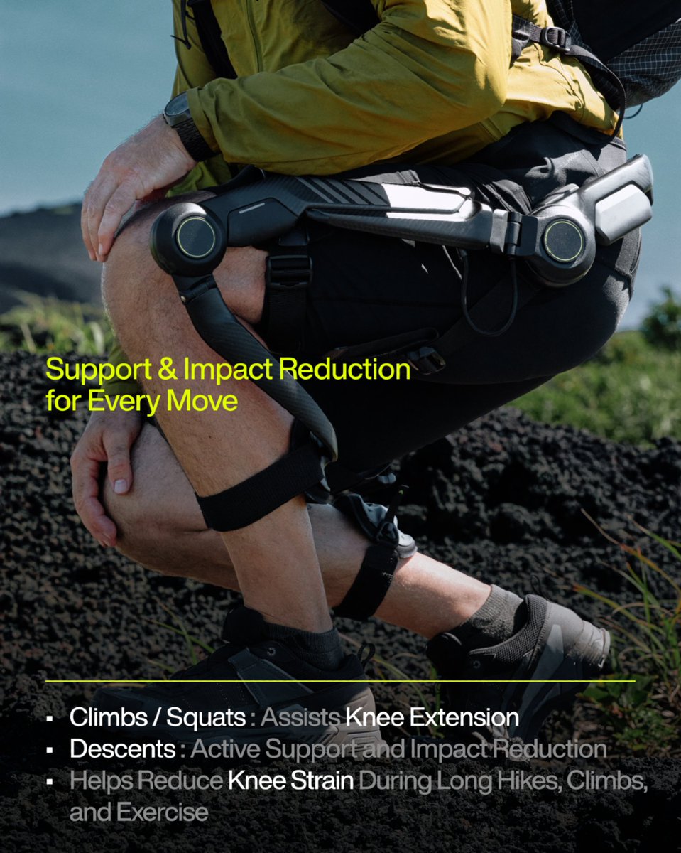 HypershellTech's tweet photo. WHY HALO / 05
Why Halo? Because your knees carry every mile.

Climb. Squat. Descend. Keep moving.

Halo’s dedicated knee motors assist knee extension on climbs and squats, while providing active support and impact reduction on descents. By reducing quadriceps demand, Halo helps ease knee strain during long hikes, climbs, and exercise—delivering up to a 40% reduction in knee muscle fatigue.

Knee Support, Every Step of the Way.
👉 Pre-orders are now open. Explore Hypershell Halo: https://t.co/zDnfgMMdCa
#Hypershell #HypershellHalo #Exoskeleton #FullLegExoskeleton #WearableTech
