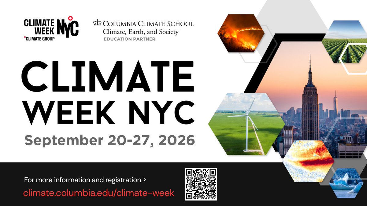 columbiaclimate's tweet photo. This #ClimateWeekNYC, as @ClimateGroup's education partner, we're bringing bold ideas, leading experts, and groundbreaking research to shape the conversation on climate action. Explore our events, stories, &amp; updates on the lead-up &amp; throughout the week: https://t.co/Rq23lQWJ1X https://t.co/dGrjr8vBXV